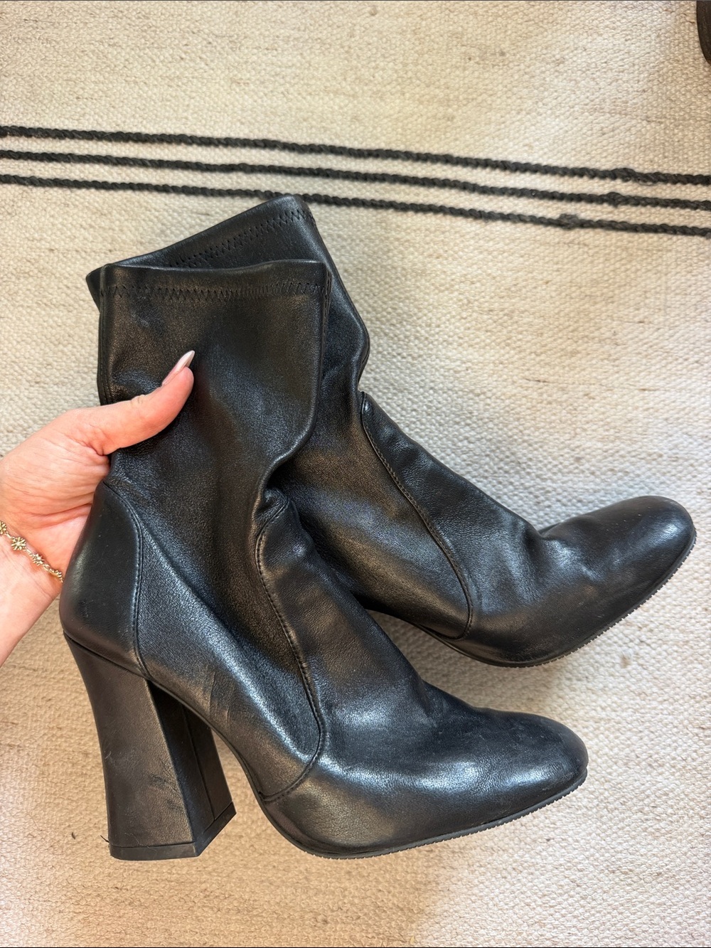 Stuart Weitzman Black Leather High Block Heel Ankle Boots - Women